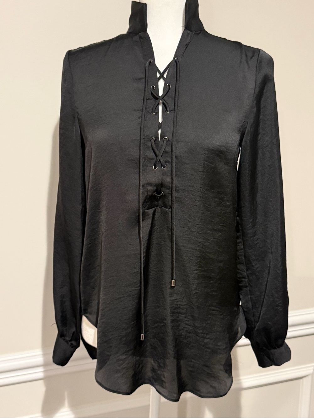 Caruso Black Satin Lace-Up Blouse